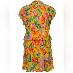 Farm Rio - Yellow Tropical Beaks & Bananas Print, Ruffle Mini Dress NEW
